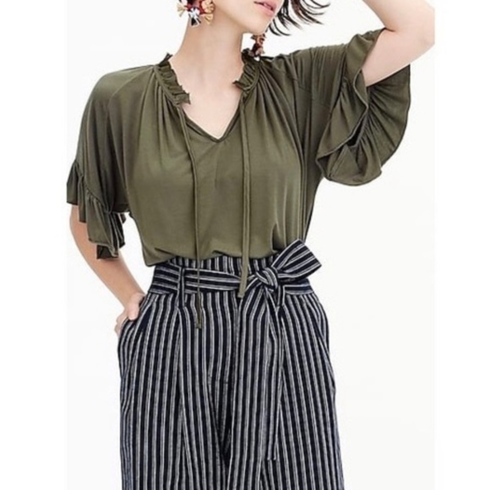 J. Crew Ruffle-Trimmed Tie-Neck T-shirt Olive Green Size Small